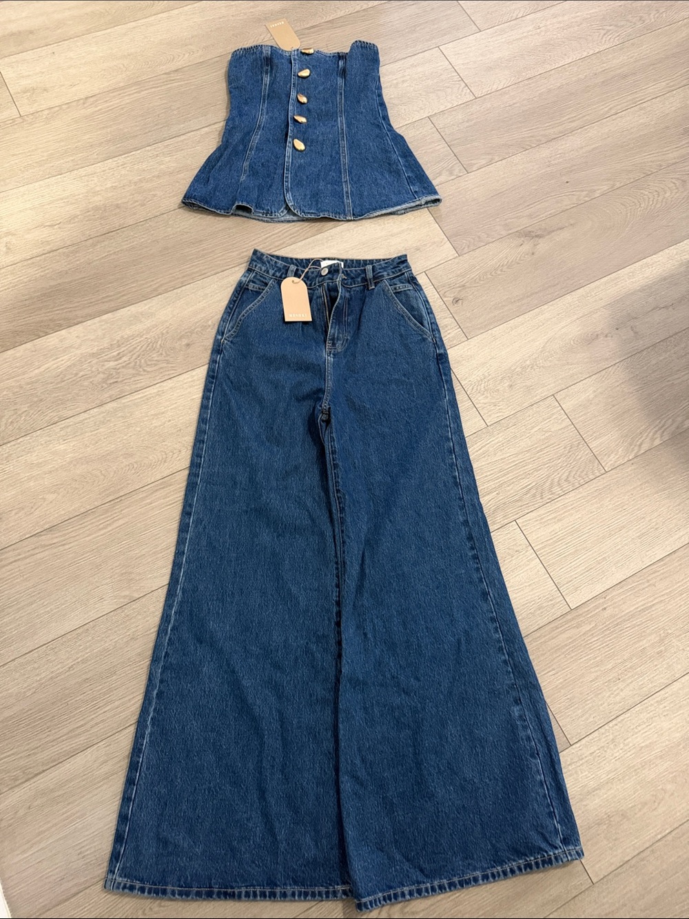 Meshki Indigo Wide-Leg High-Rise Jeans set with crop top